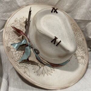 Divine Babe Co Still The One Wide Brim Fedora Hat Cream Floral Burned Feather M